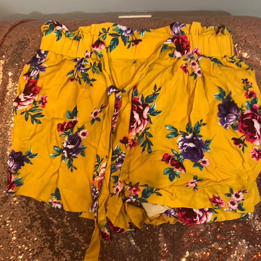AMBIANCE APPAREL mustard yellow floral print shorts with faux belt and pockets